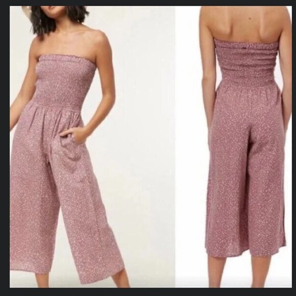 O'Neill Alicia Polka Dot Pink Smocked Strapless Wide Cropped Pants XS Jumpsuit - Picture 1 of 9